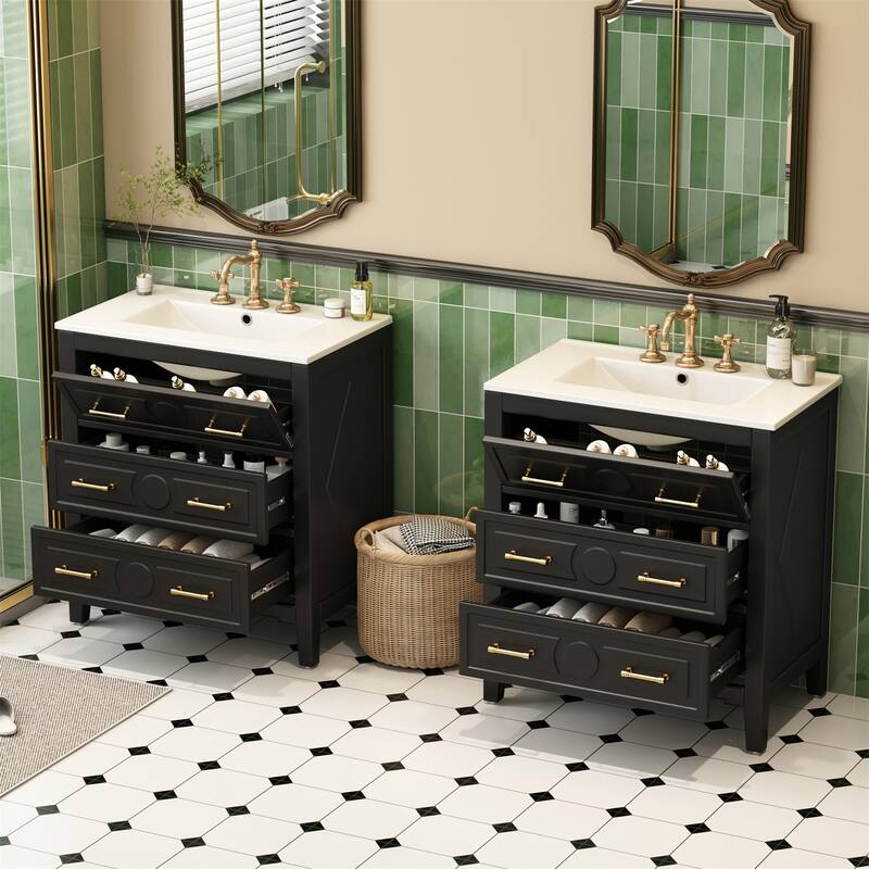 60" Bathroom Vanity Set with Ceramic Sink (Separate), Solid Wood Bathroom Storage Cabinet - Black