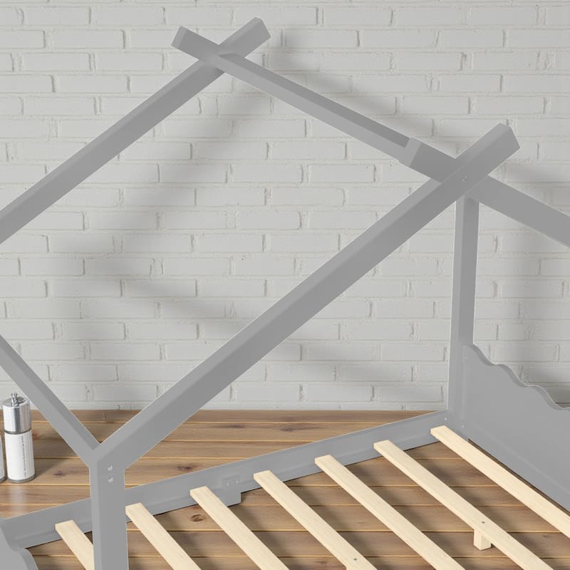 Kids Solid Wood House Floor Bed with Support Slats, Montessori Low Profile Bed, No Box Spring Needed