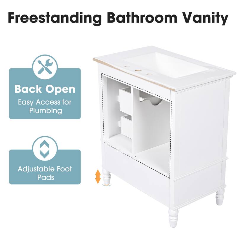 30" Bathroom Vanity with Sink, Bathroom Cabinet with A Door, Three Drawers, Solid Wood Legs & MDF Board, Adiustable Foot Pads