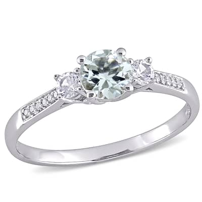 Miadora 10k White Gold Aquamarine Created White Sapphire and Diamond 3-Stone Engagement Ring