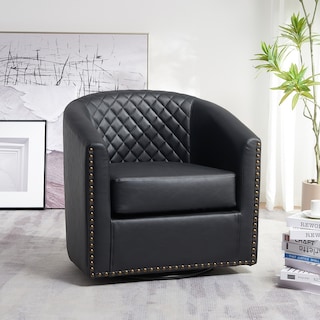 KINWELL 29" Wide Tufted PU Leather Swivel Barrel Chair