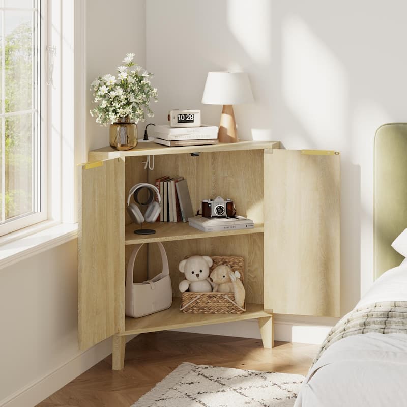EROMMY Fluted Wood Corner Storage Cabinet with Power Strip, Adjustable Shelf, Small Space Corner Unit