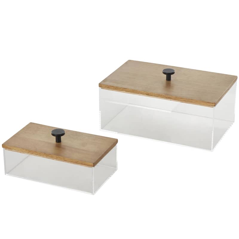 Acrylic Plastic Box with Brown Wooden Lids and Black Knobs - Set of 2 - Roche River Decor - Clear - 9", 7"W