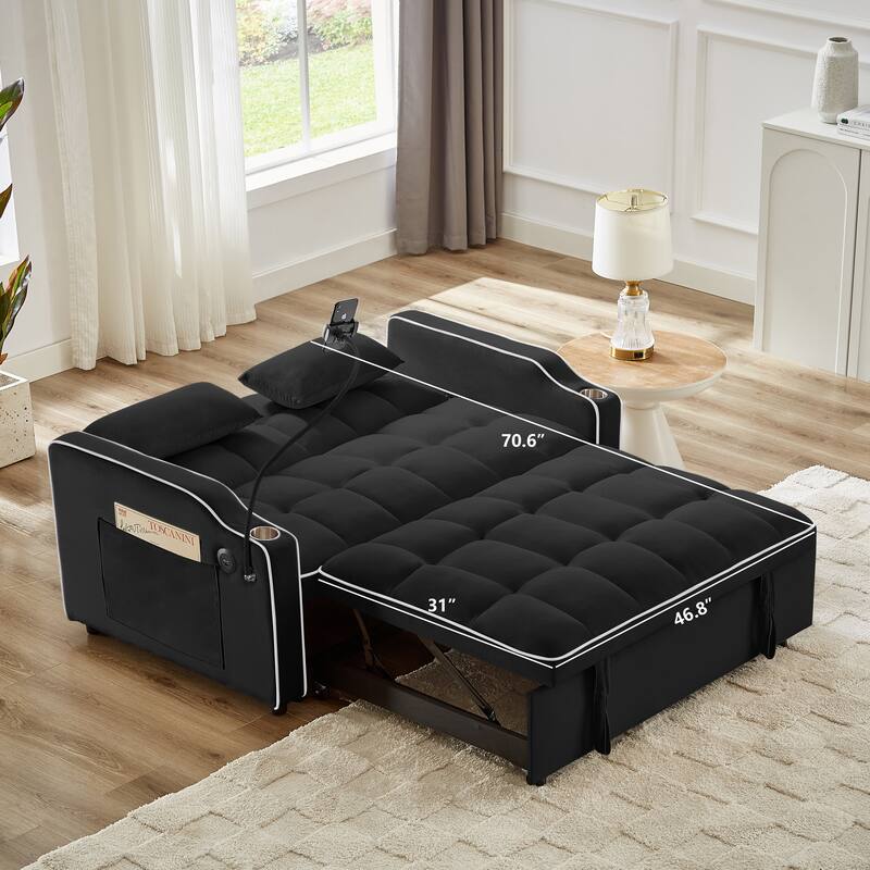 Convertible Sofa Bed with Adjustable Back, USB Charger, and Pillows for Living Room or Office