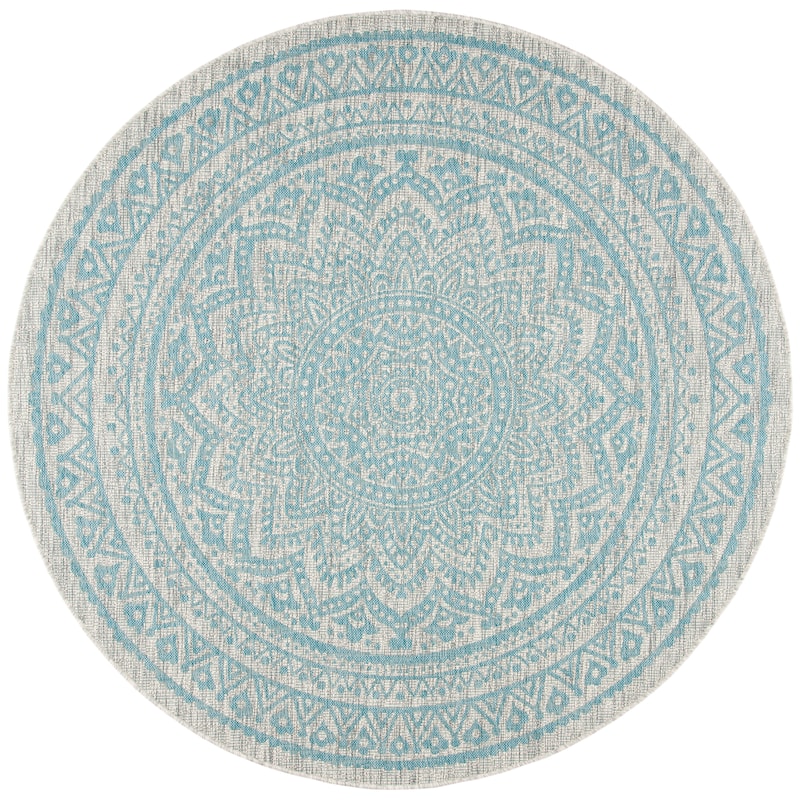 SAFAVIEH Courtyard Fran Mandala Indoor/ Outdoor Waterproof Patio Backyard Rug - 5'3" Round - Light Grey/Aqua