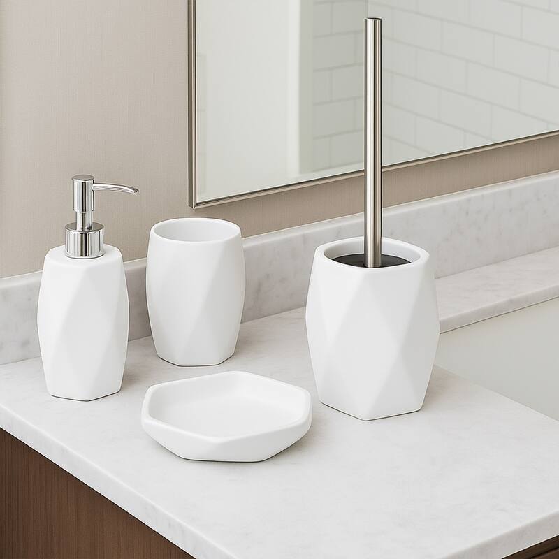 Diamond Bath Set Accessories White or Black - Full Set 4 Pieces - White