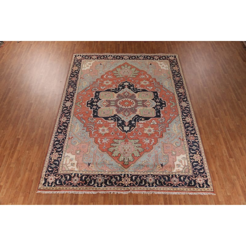Geometric Heriz Serapi Area Rug Hand-Knotted Orange Wool Carpet - 9'11" x 13'3"
