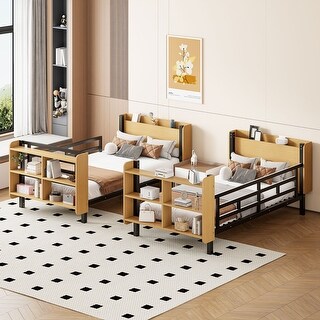 Twin Over Twin Size Metal Bunk Bed with Storage Space