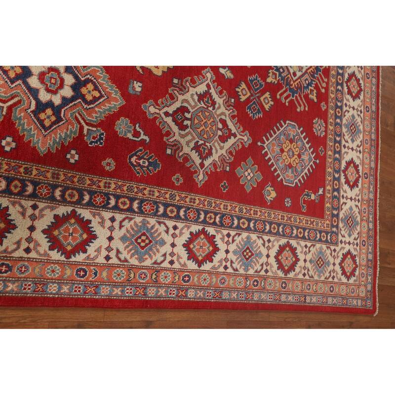 Red Kazak Area Rug Handmade Geometric Wool Carpet - 7'2"x 10'0"
