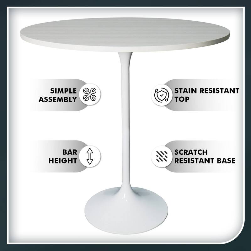 LeisureMod Verve 36" Round Dining Table with MDF Wood TableTop and White Steel Base for Kitchen & Dining Room