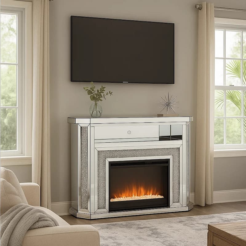 Electric Fireplace with Mirror Panel Framing and Faux Diamonds, Silver