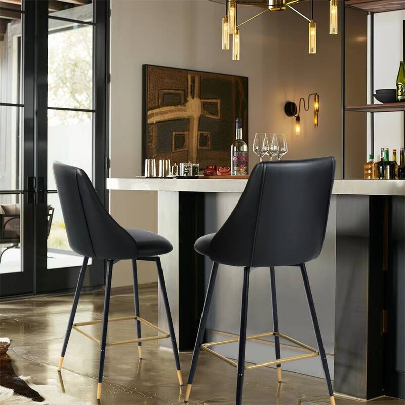 Homy Casa Set of 2 Faux Leather Counter Stools with Backrest and Gold-Tipped Metal Legs-Ideal for Modern Kitchens and Home Bars