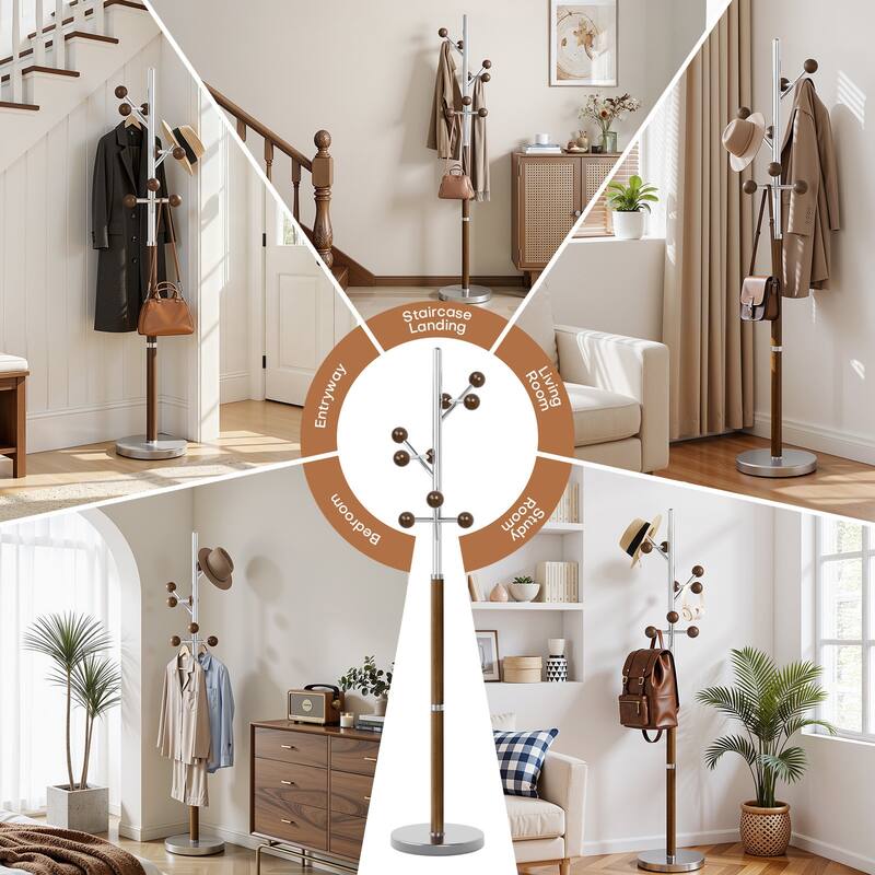 Coat Rack Freestanding, Metal Coat Tree with 8 or 9 Hooks and Heavy Duty Marble Base - 71.26”H x 14.96”W
