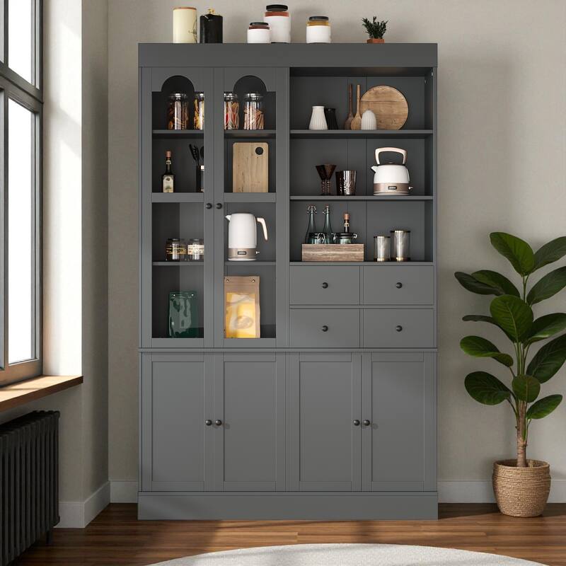 75" Freestanding Kitchen Pantry Buffet with Hutch, 4 Drawers, Glass Doors, Adjustable Shelves and Pull-Out Trays - Grey