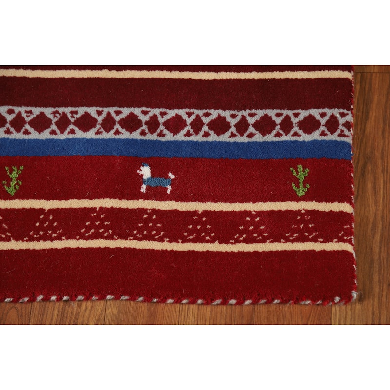 Striped Red Gabbeh Indian Runner Rug Hand-Knotted Wool Carpet - 2'7" x 7'8"