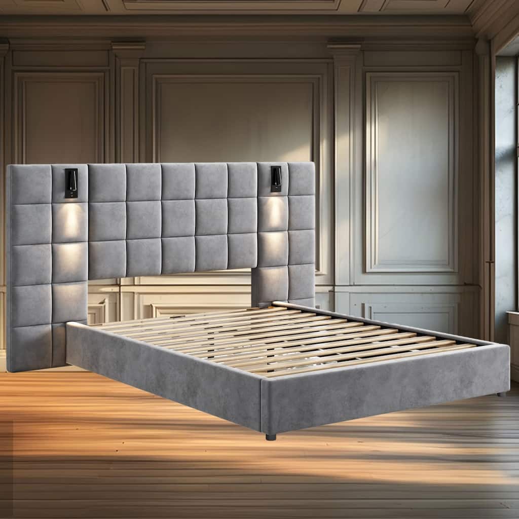 Upholstered Queen Bed with Reading Lamp & USB Port, Plush Velvet Headboard, No Box Spring Needed