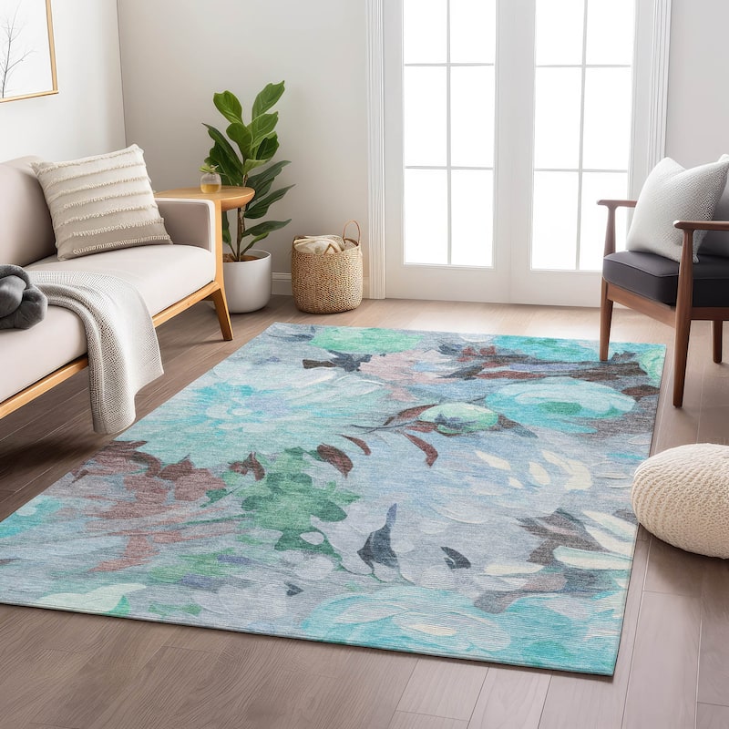 Machine Washable Indoor/ Outdoor Watercolor Floral Chantille Rug