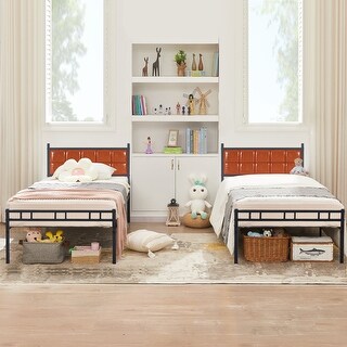VECELO Faux Leather Tufted Kids Bed,Twin Size Bed Set of 2