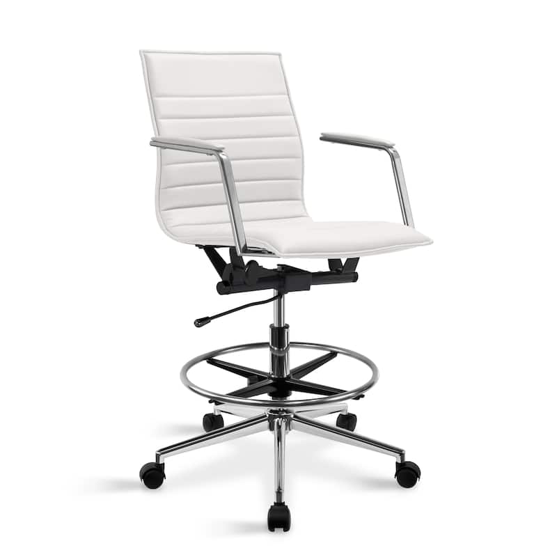 Modern Drafting Chair | Upholstered PU Leather Ribbed Mid Back with Tall Adjustable Base & Leg Rest | Tilt Lock, Swivel |