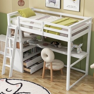 Twin Size Loft Bed with Desk and Shelves, Two Built-in Drawers