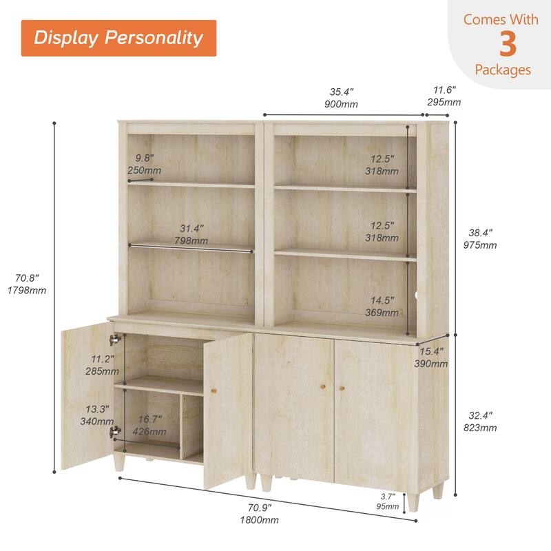 WAMPAT Modern 71" Tall Bookcase with Cabinets, 2 Column 5 Tiers