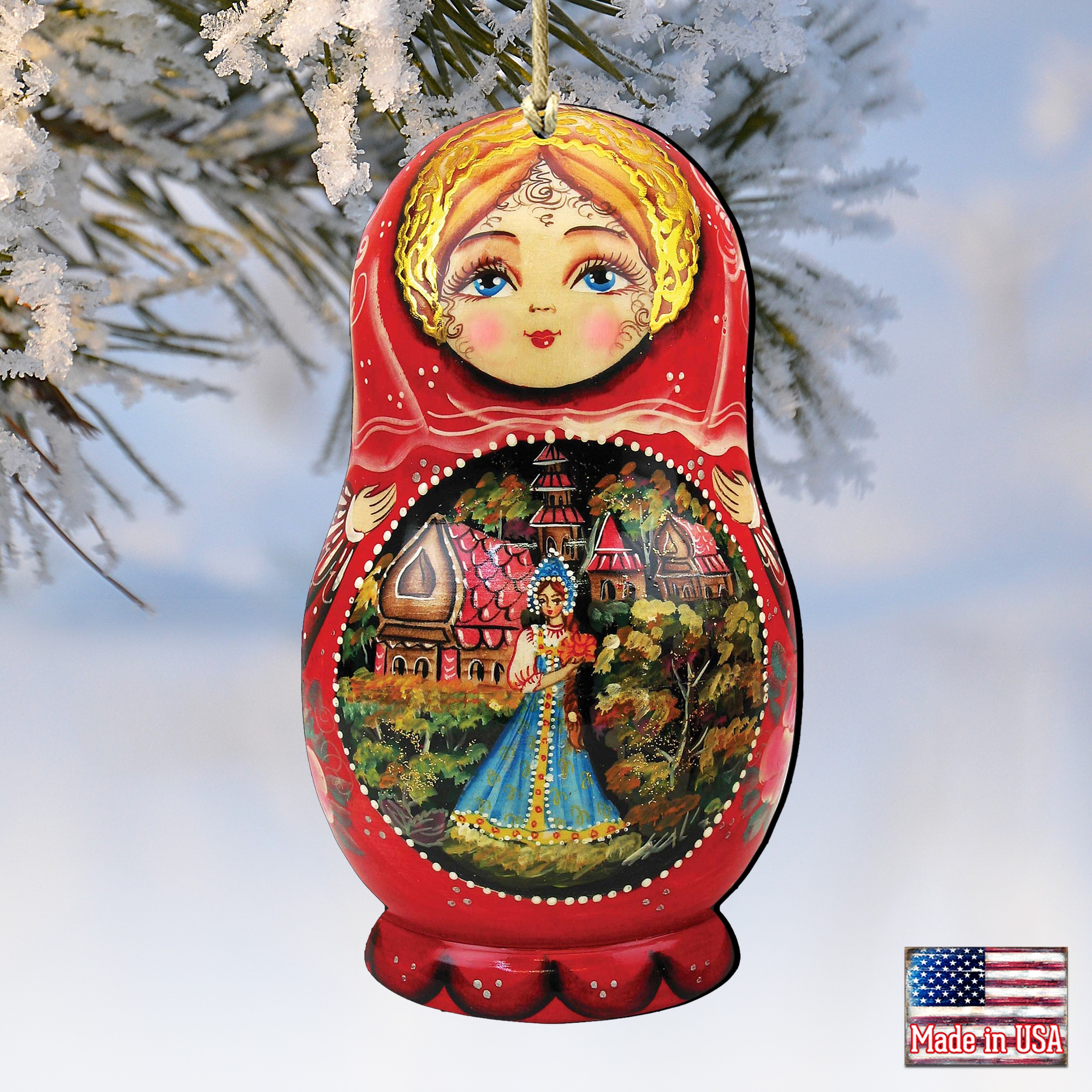 Designocracy Set of 2 Matryoshka Doll with A Scarlet Flower Wooden Christmas Ornaments 5.5