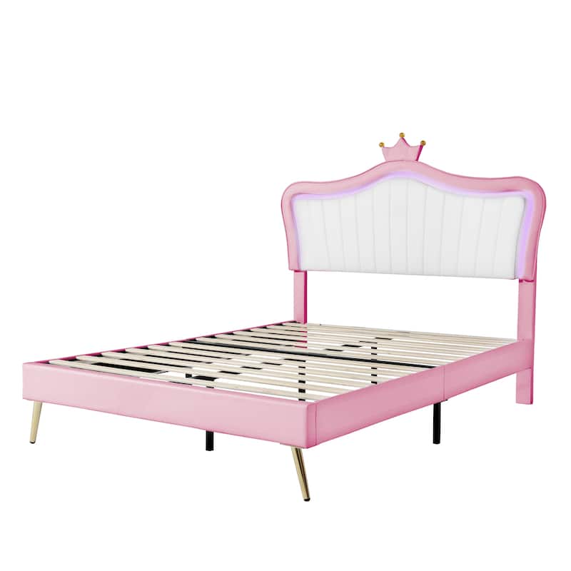 Remote Control LED Lights Bed Frame, PU Upholstered Princess Bed with Crown Headboard, Wood Slat Platform Bed