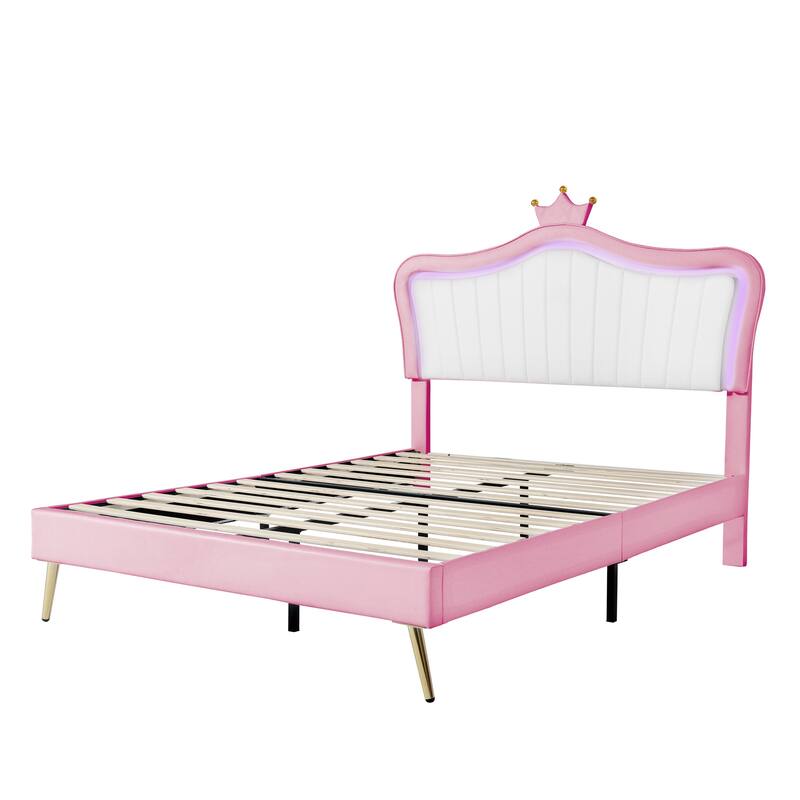 PU Leather Princess Platform Bed with LED & Crown