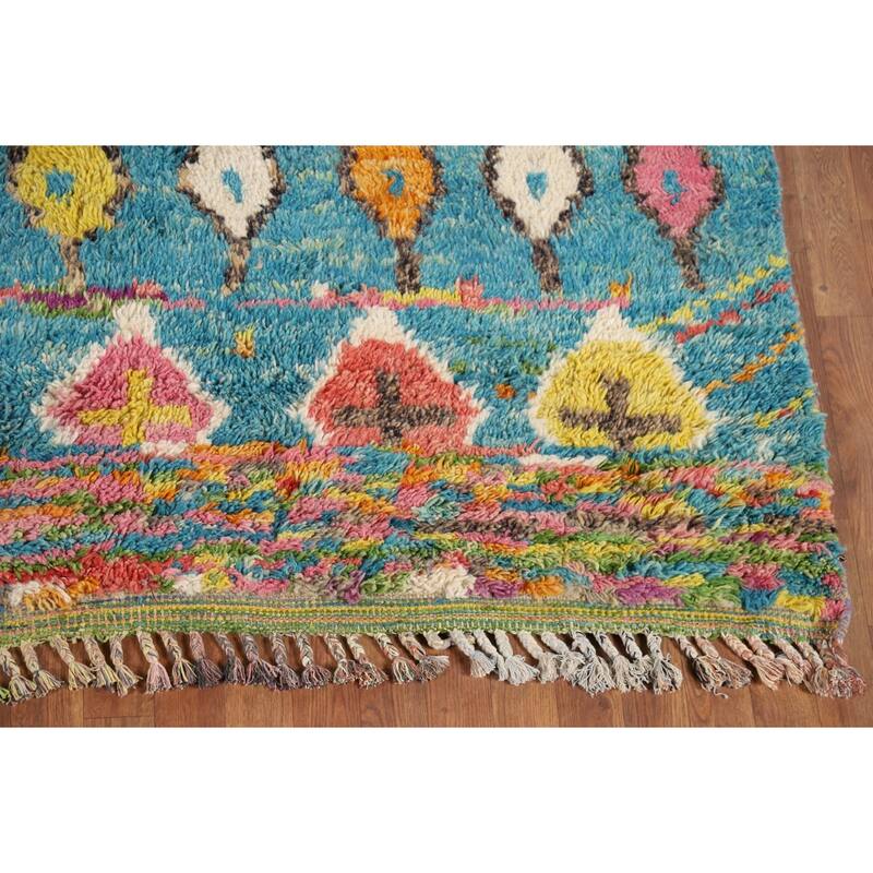 Hand Knotted Oriental 100% Wool Carpet Modern Tribal Navy Blue & Blues Moroccan Area Rug - 9' 8'' X 6' 2''