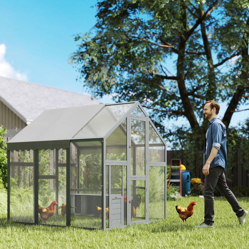 PawHut Large Chicken Run, Wooden Chicken Coop with Waterproof & Anti-UV Cover, Split Door, 2 Nesting Boxes, 2 Roosting Bars