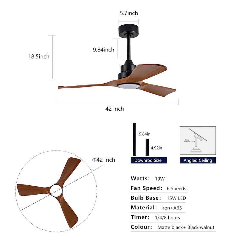 42 Inch Modern Black Ceiling Fan With Light 3 ABS Blades Remote Control Reversible DC Motor With Dimmable LED