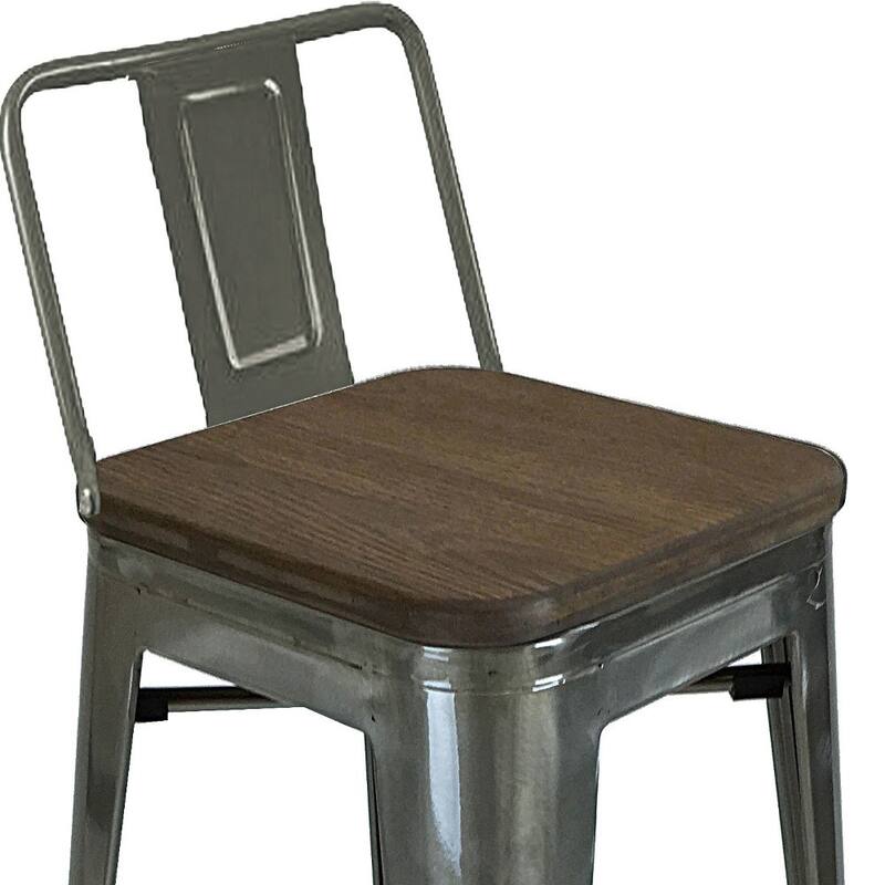 Set of Four 30" Brown And Gray Solid Wood And Metal Low Back Bar Height Bar Chairs