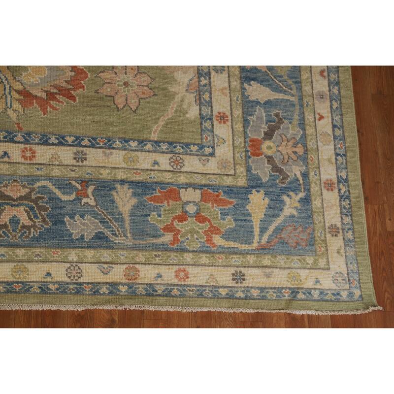 Hand Knotted Oriental 100% Wool Carpet Transitional All-Over Green Oushak Area Rug - 15' 1'' X 12' 2''
