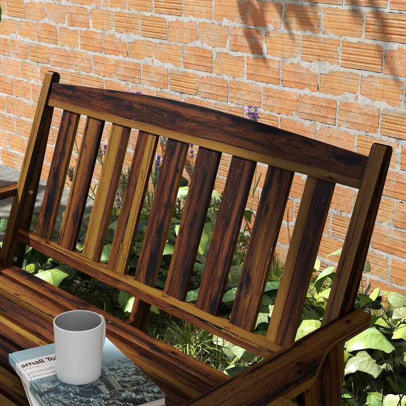 Carbonized Fir Wood Garden Bench for Patio or Backyard 2-Person Seating with Built-in Cup Holders
