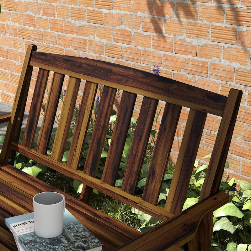 Outsunny Wood Outdoor Bench, 2-Person Garden Bench with Cupholder Armrests, Slatted Seat and Backrest
