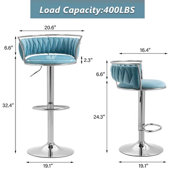 dimension image slide 10 of 24, Modern Velvet Adjustable Swivel Bar Stools Set of 2