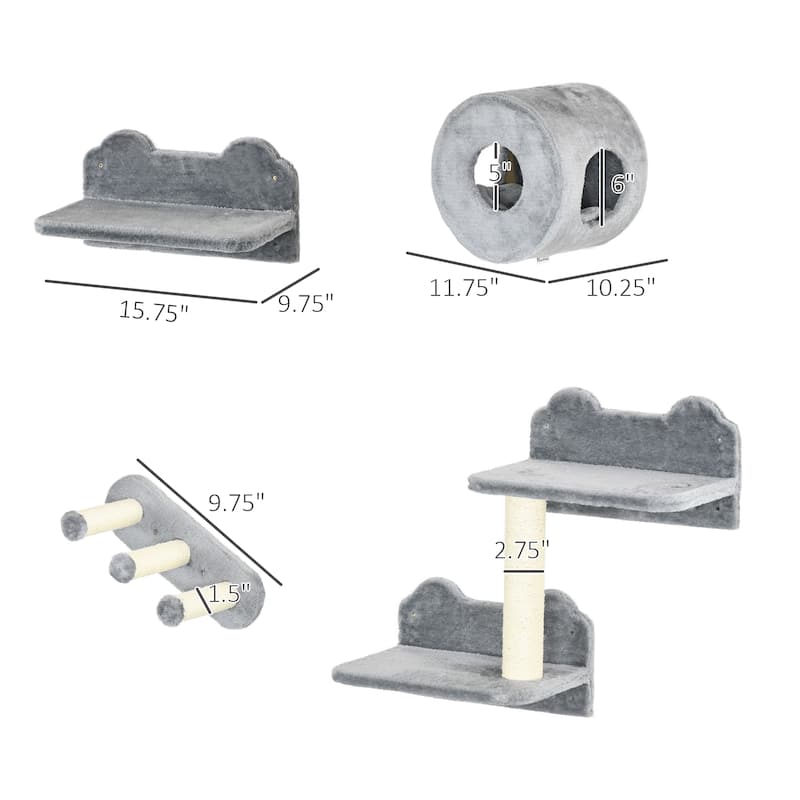 PawHut Cat Wall Shelves, 4 Piece Cat Wall Furniture, Gray