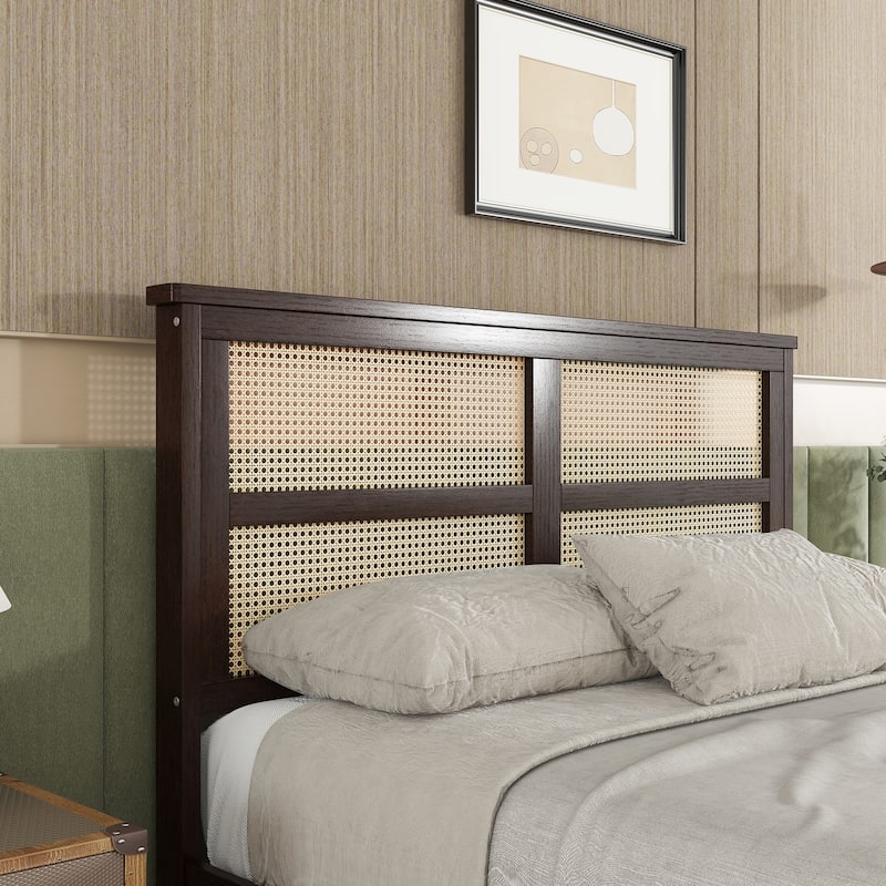 Full Size Bed Mid Century Platform Bed Frame with Rattan Headboard, 2 Storage Drawers, Enhanced Support Salts and Feet