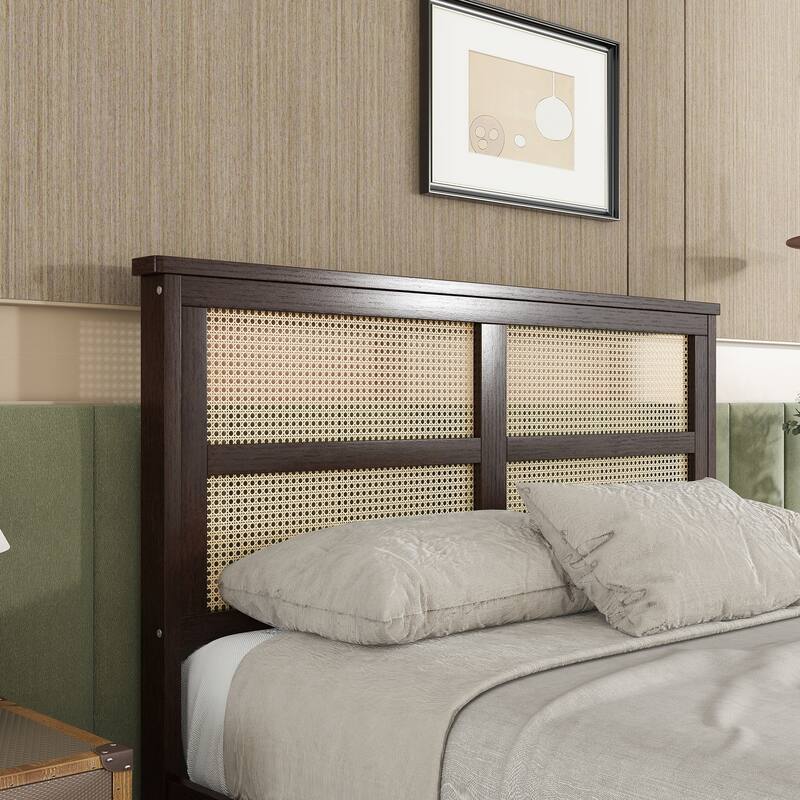 Full Size Bed with Rattan Headboard, 2 Storage Drawers, Rubber Wood Bed with Enhanced Support Salts and Feet, Espresso
