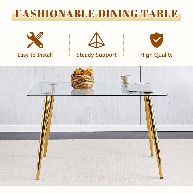 Modern Luxurious Rectangular Tempered Glass Dining Table Set- with 6 Transparent Plastic Chairs with Gold Metal Legs