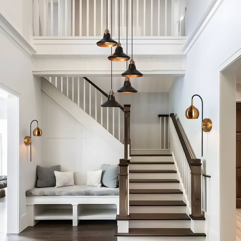 Modern Farmhouse 5-Light Black Brass Metal Chandelier with Bowl-Shaped Pendant Lights for Kitchen Dining Room - 20" D x 7" H