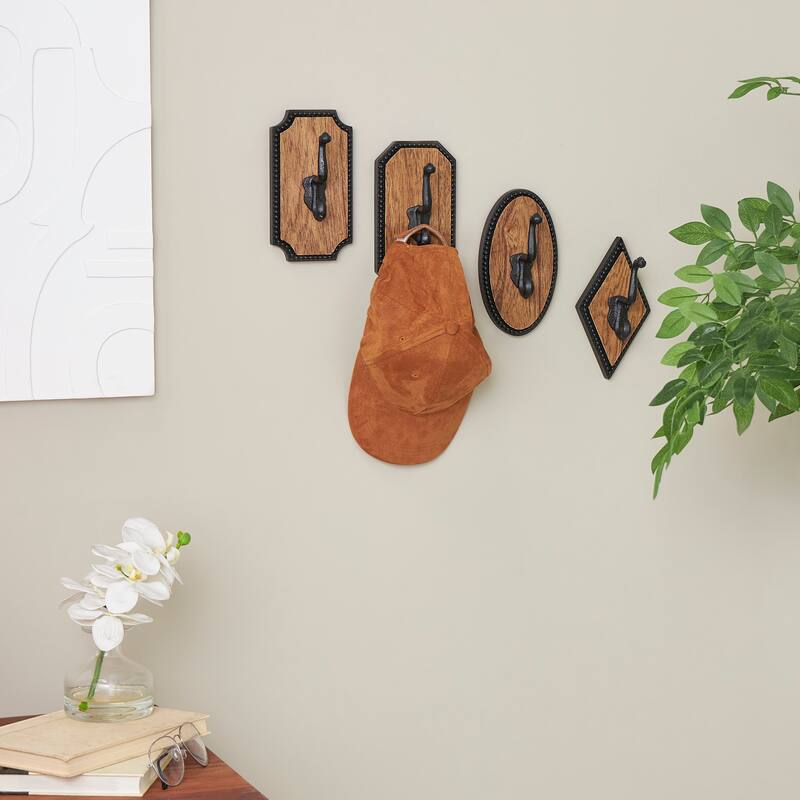 Brown Wooden Vintage Inspired Wall Hook with Black Beaded Frames and Varying Geometric Shapes (Set of 3 or 4) - Brown - Set of 4 - 4"W, 7"H