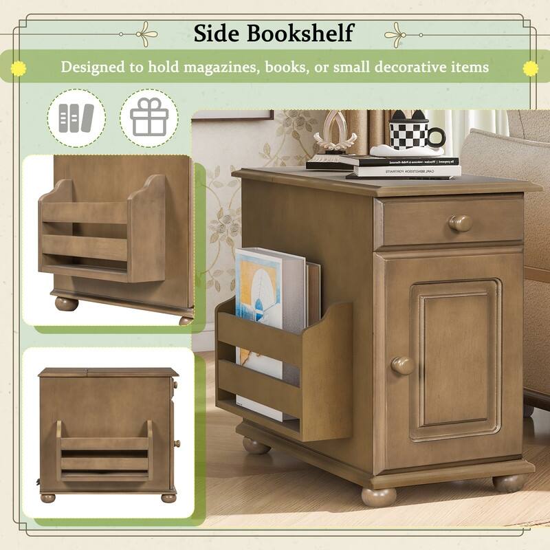 Retro Flip-Top End Table – USB Ports, Cup Holder Drawer & Bookshelf, Ideal for Small Spaces.