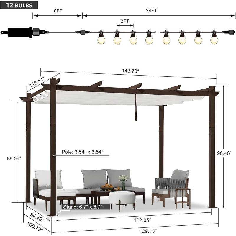 PURPLE LEAF Outdoor Retractable Bronze Metal Pergola w Canopy for Beach Deck Gazebo