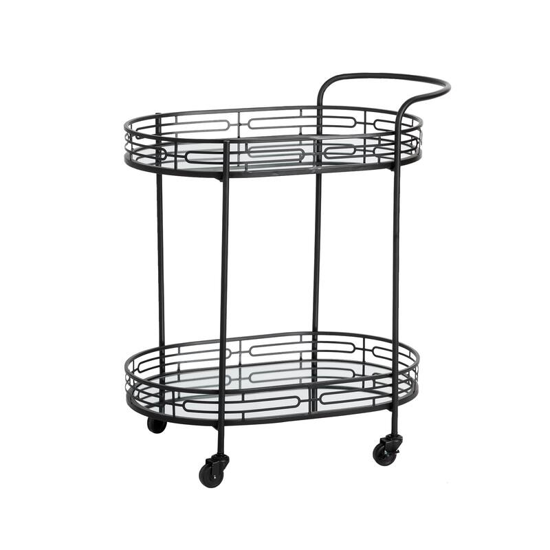 Silver Orchid Marsh Oval Mirrored Glass Top New Bar Cart with wheels - Black