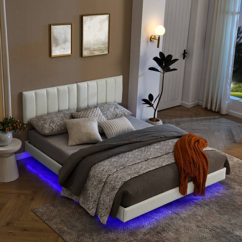Queen Floating Bed Frame with LED Lights and Wall Mounted Headboard Low Profile Led Platform Bed Frame,No Box Spring Needed - White