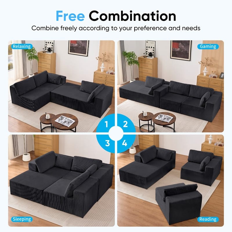 Mixoy 3-Pcs Free Combination Modular Sectional Sofas,Corduroy Compressed L-Shaped Sofa with Flexible Configuration - 3-Seater