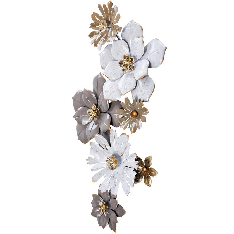 Floral Metal Wall Art Vertical White Gold 3D Flower Accent 36"x19"