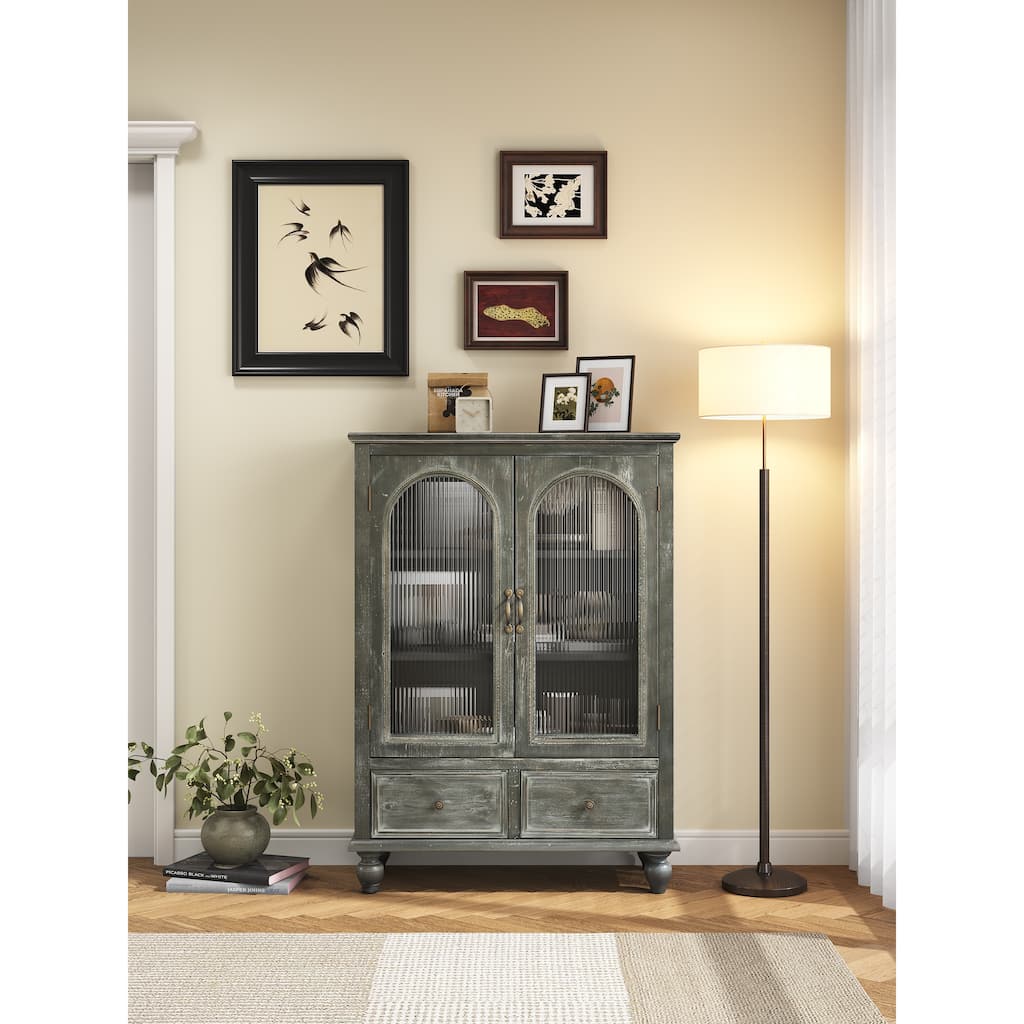 Farmhouse Storage Cabinet,Wood Kitchen Pantry Cabinet with 2 Glass Doors & 2 Drawers,Freestanding Buffet Cupboard with Shelves