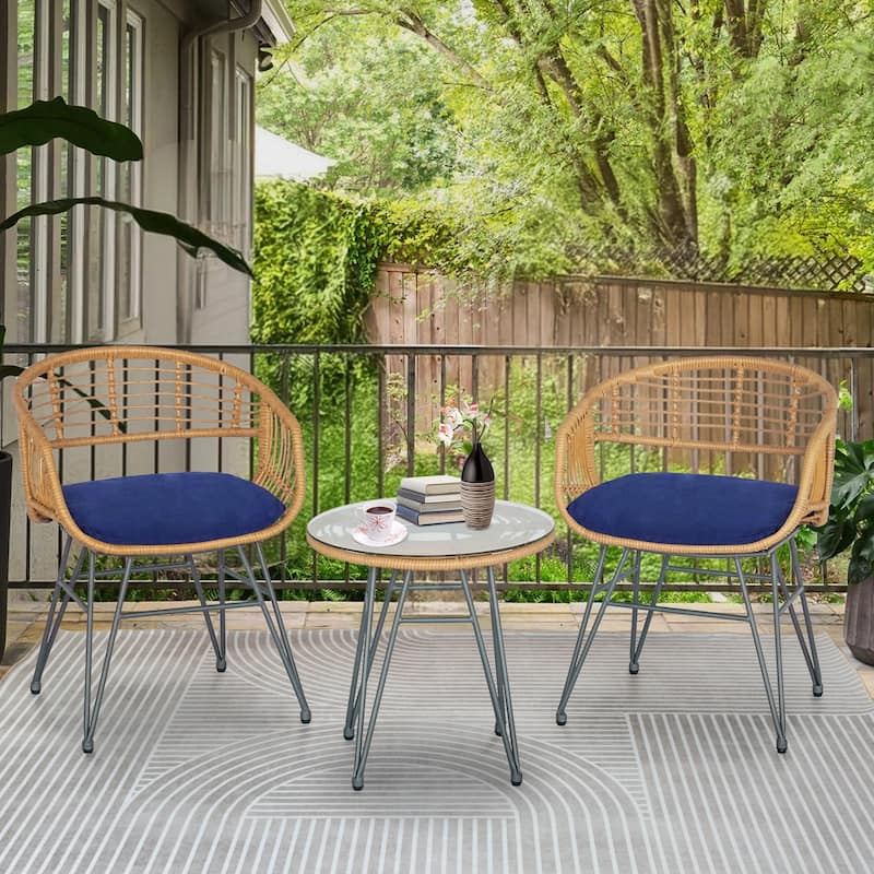 3 Piece Outdoor Wicker Furniture Patio Bistro Set With Cushions for Porch Poolside Garden - 21.2"L x 23.6"W x 31.5"H - Blue